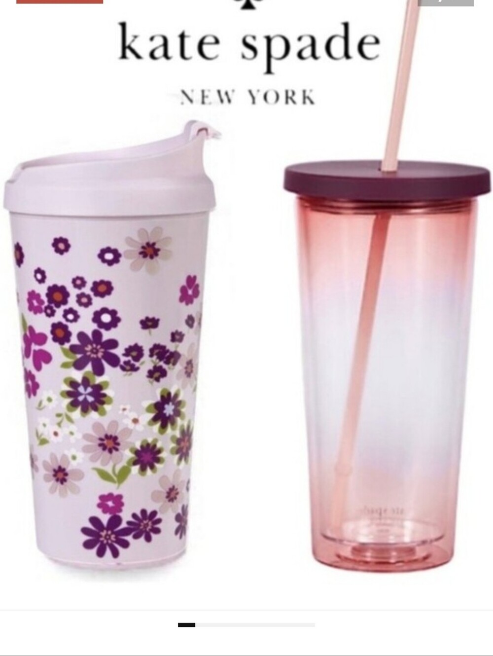 kate spade Pacific Petals Thermal Travel Mug with Pink Tumbler with Straw NIB